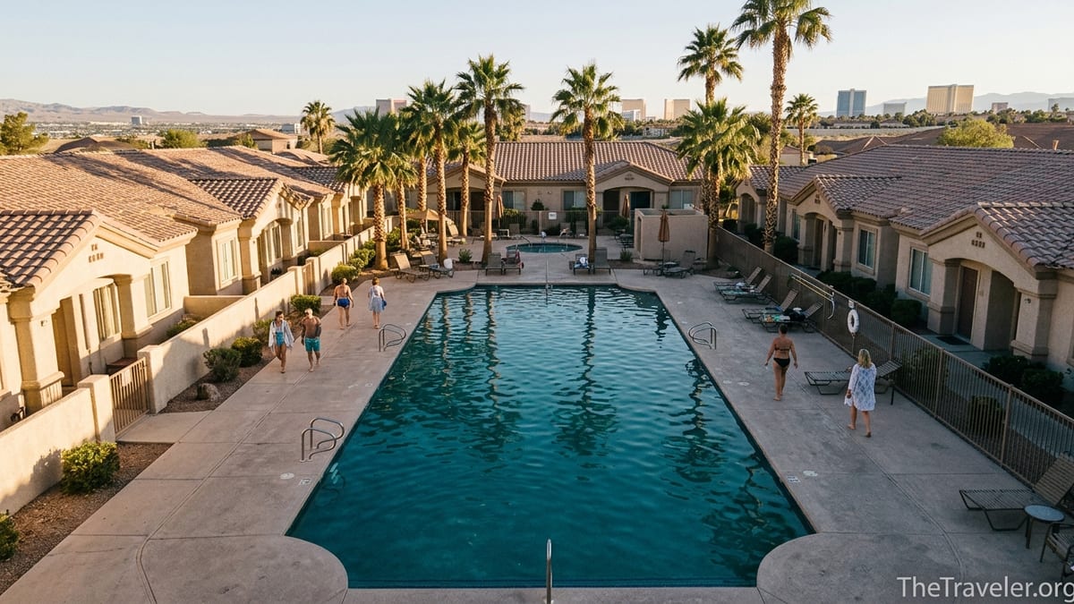 Pool and villa buildings at Westgate Flamingo Bay Resort in Las Vegas at sunset.