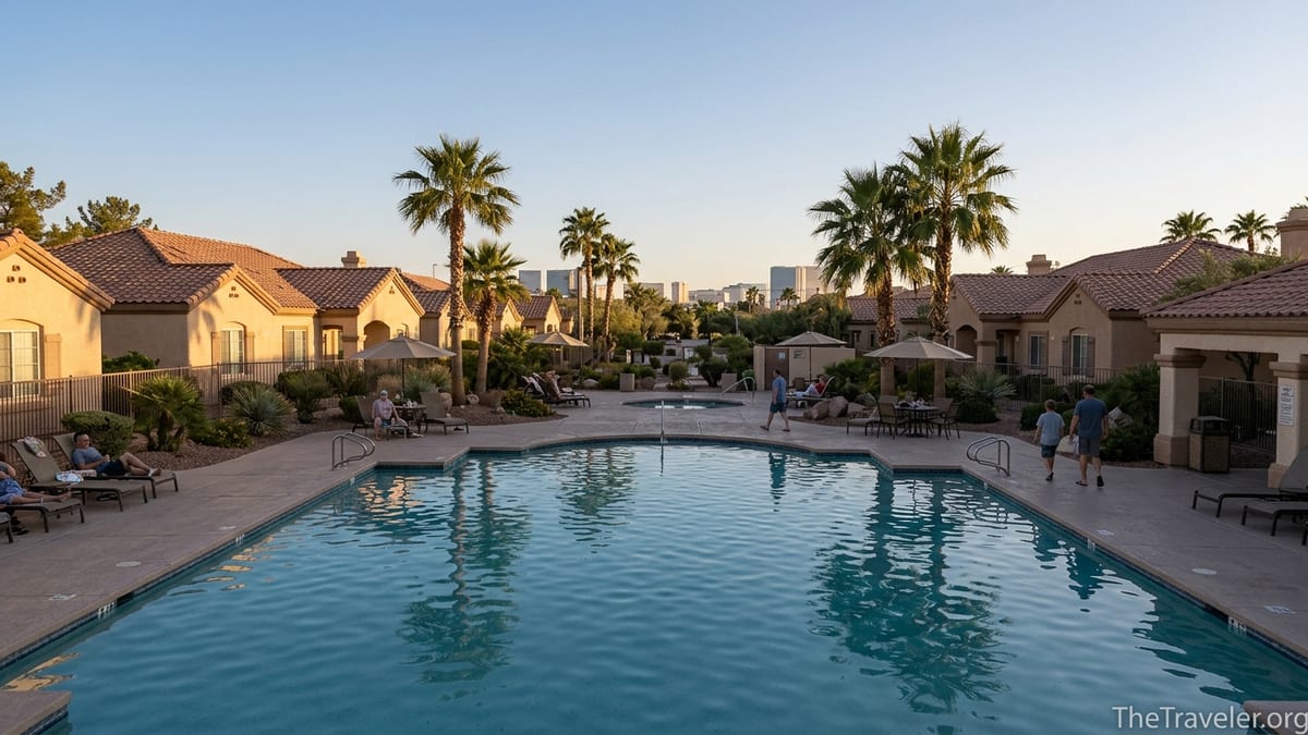 Pool and low-rise villa buildings at Westgate Flamingo Bay Resort near Las Vegas at sunset.