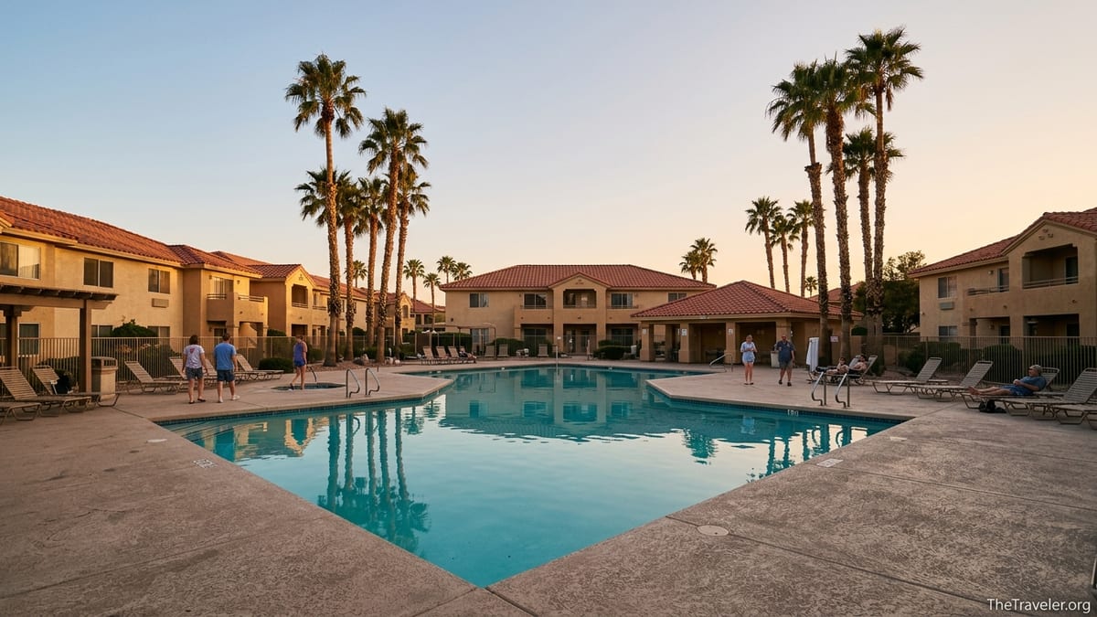 Heated pool and palm lined villas at Westgate Flamingo Bay Resort at sunset.