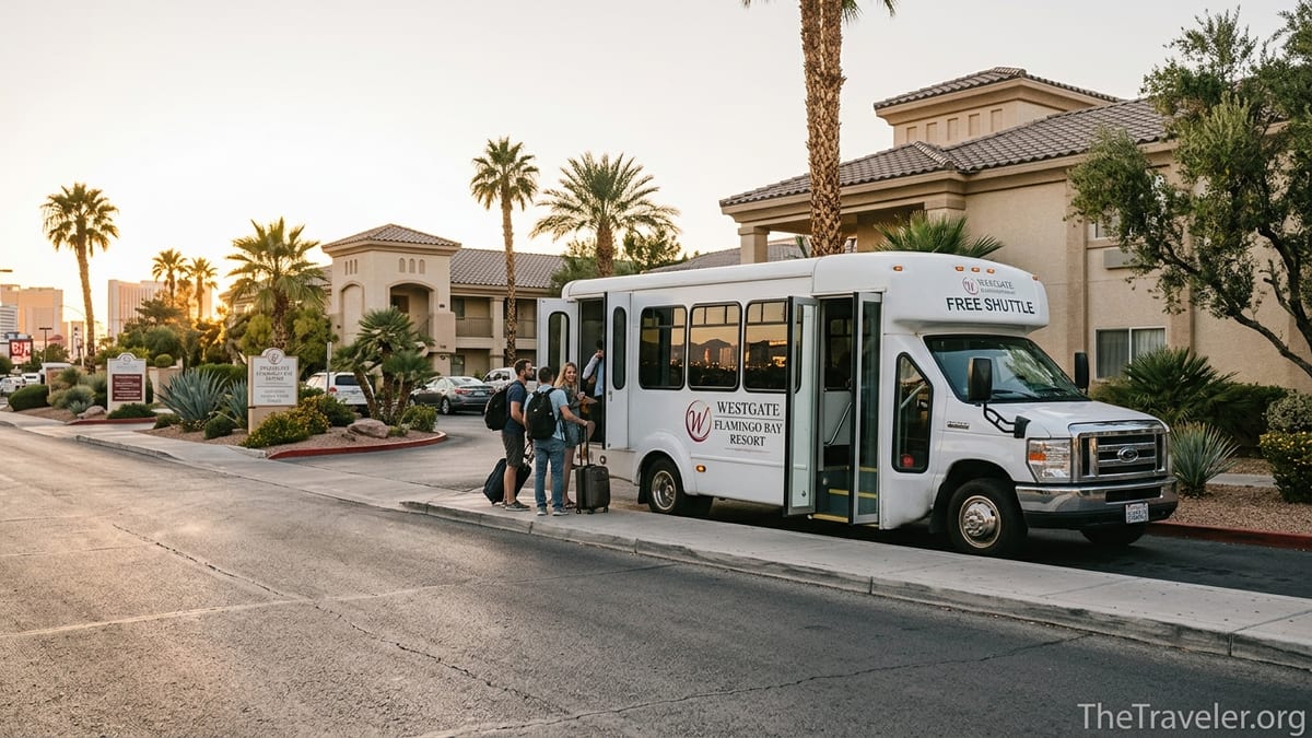 Guests boarding the Westgate Flamingo Bay Resort shuttle bus outside the Las Vegas property at sunset.