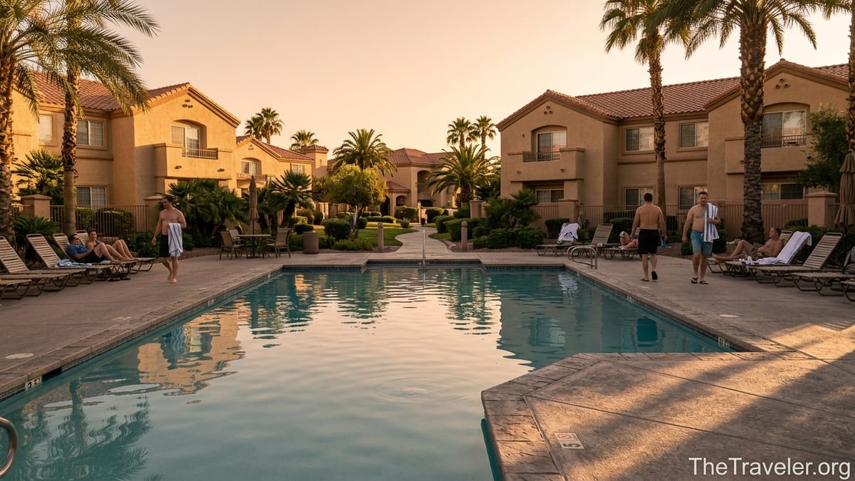 Pool and villa buildings at Westgate Flamingo Bay Resort in Las Vegas at sunset.