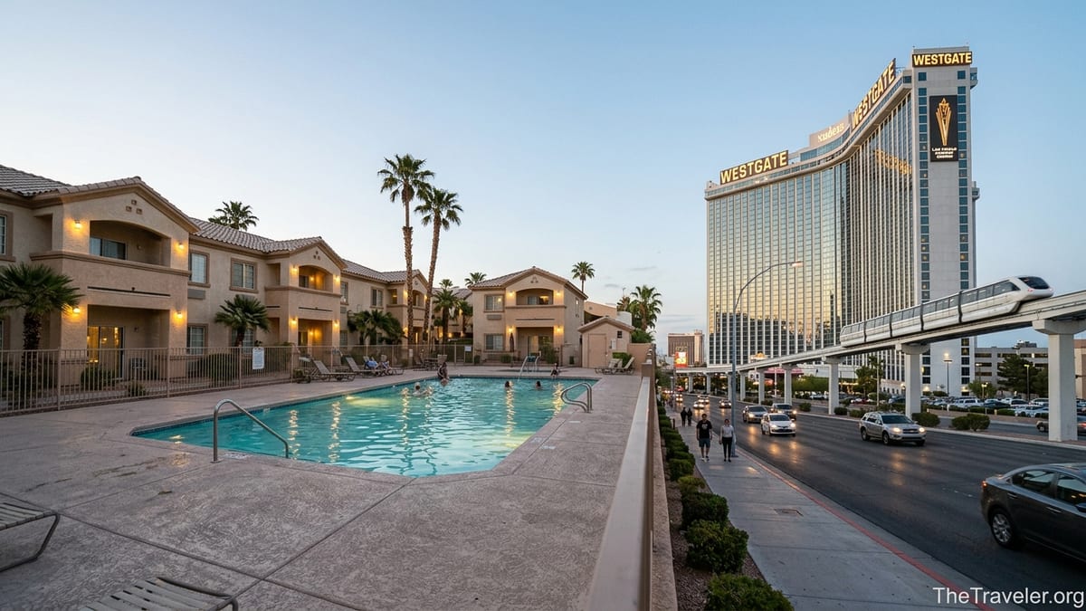 Villa-style pool area at Westgate Flamingo Bay with Westgate Las Vegas casino tower visible in the distance at dusk.