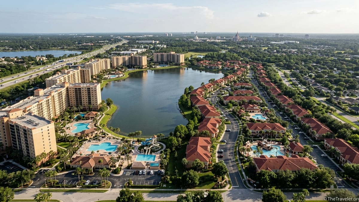 Aerial view of two large Orlando resort complexes with pools, water parks and villas surrounding a lake.