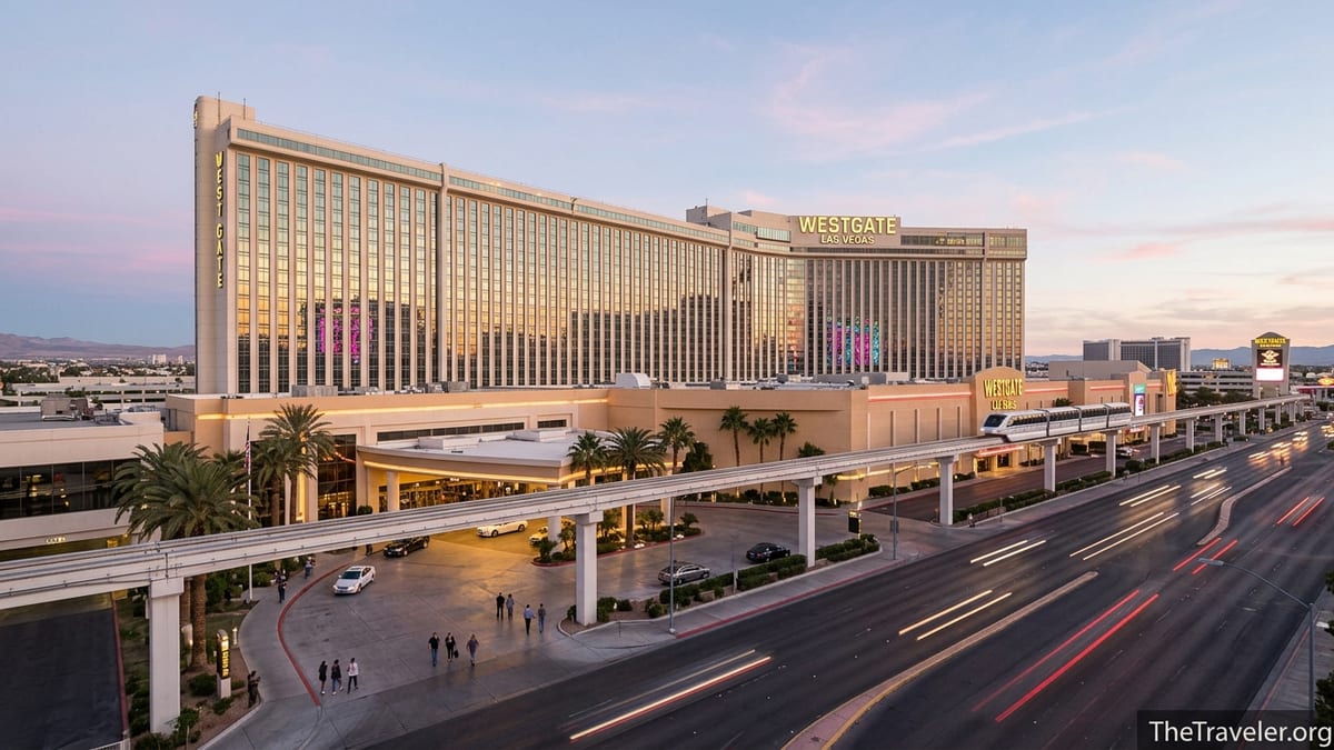 Twilight view of Westgate Las Vegas Resort & Casino with monorail and guests arriving.