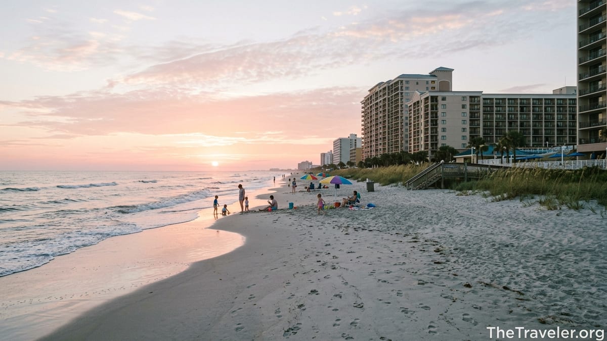 Families play on the beach at sunrise in front of Westgate Myrtle Beach Oceanfront Resort.