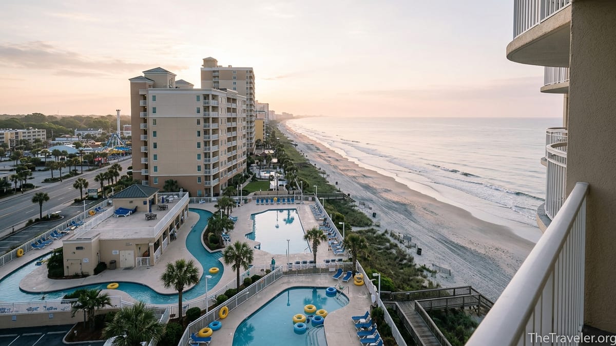 Oceanfront view of Westgate Myrtle Beach resort towers, pool deck, and beach at sunrise.