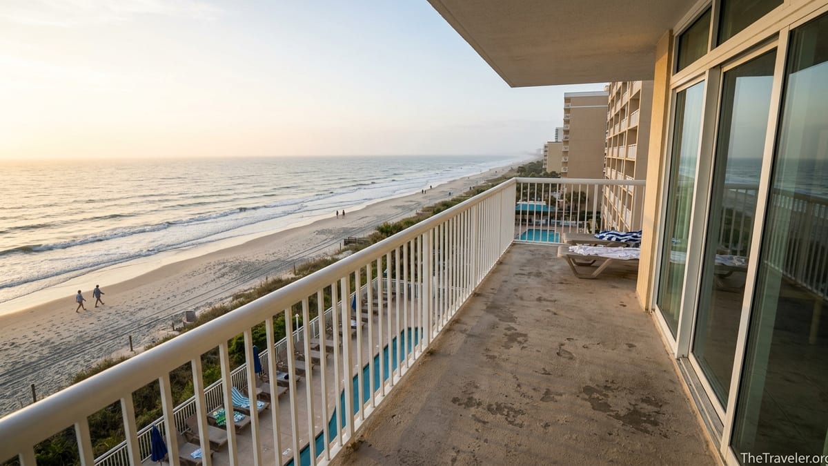 Oceanfront balcony view over Westgate Myrtle Beach resort pools and the Atlantic at sunrise.