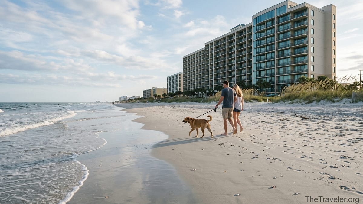 Couple walking a dog on the beach in front of Westgate Myrtle Beach Oceanfront Resort.
