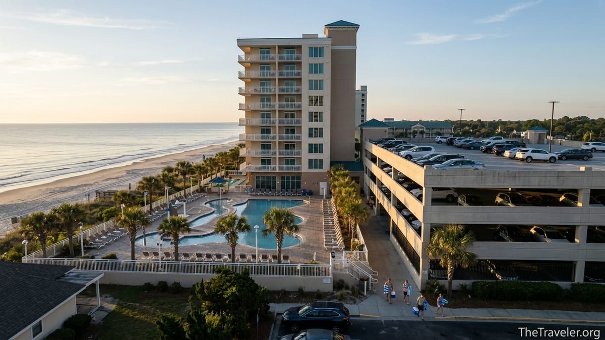 Westgate Myrtle Beach Oceanfront Resort with parking garage, pools, and beach at sunrise.
