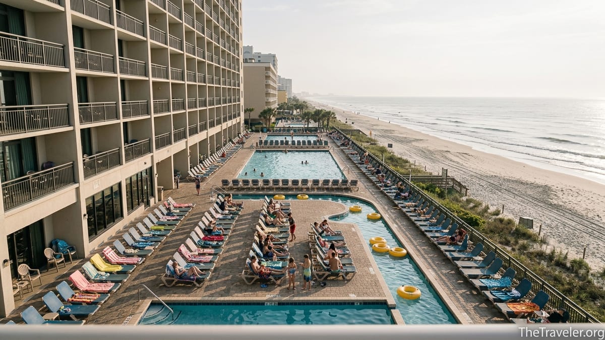 View from a balcony over the pools and beachfront at Westgate Myrtle Beach Oceanfront Resort.