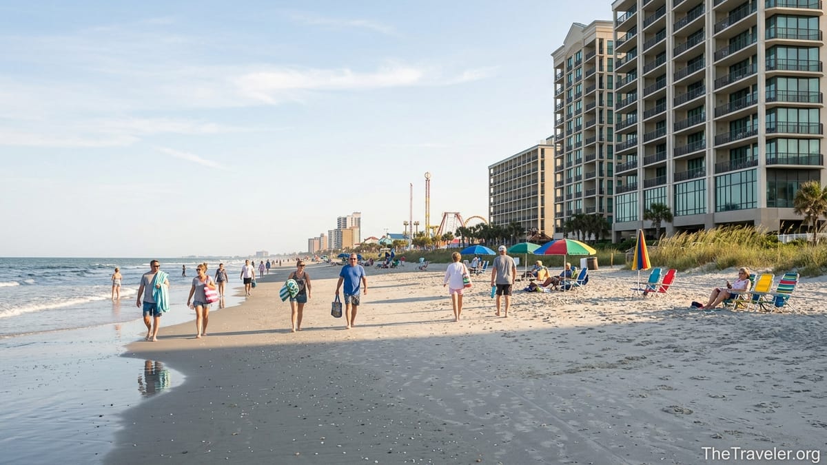 Beachfront view of Westgate Myrtle Beach Oceanfront Resort with guests walking along the shoreline.