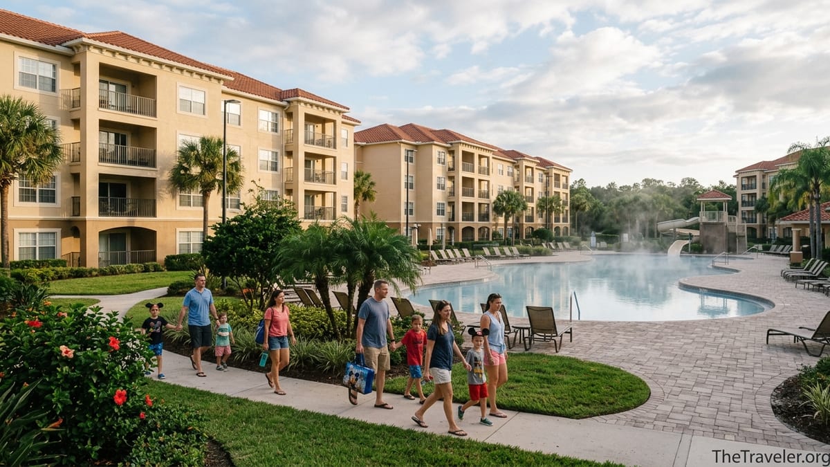 Families walking past pool and villas at an Orlando resort near Disney World at sunset.