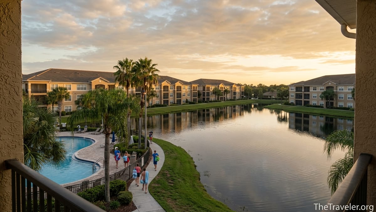 Lakefront Orlando resort with pools, palm trees and villas at sunrise.