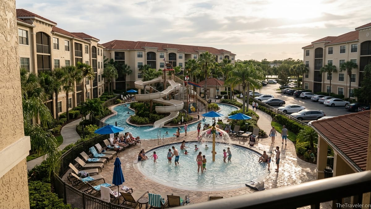 Families enjoying a pirate-themed water park surrounded by Orlando condo-style resort buildings.