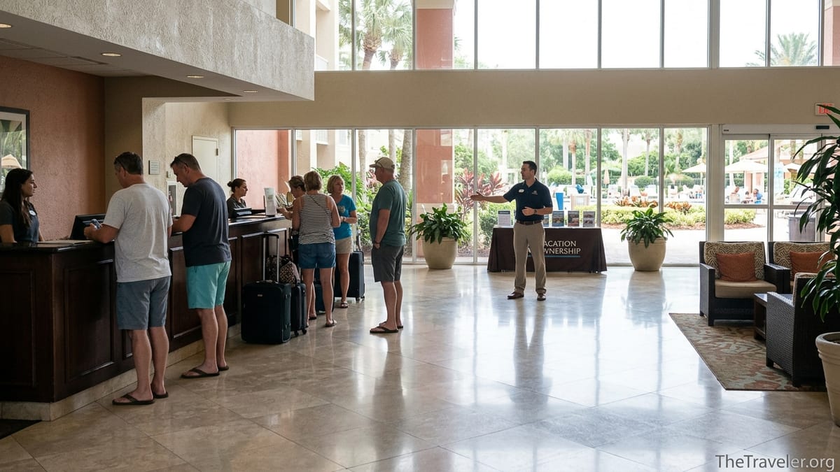 Guests walk through a Westgate-style Orlando resort lobby past a vacation ownership sales desk.