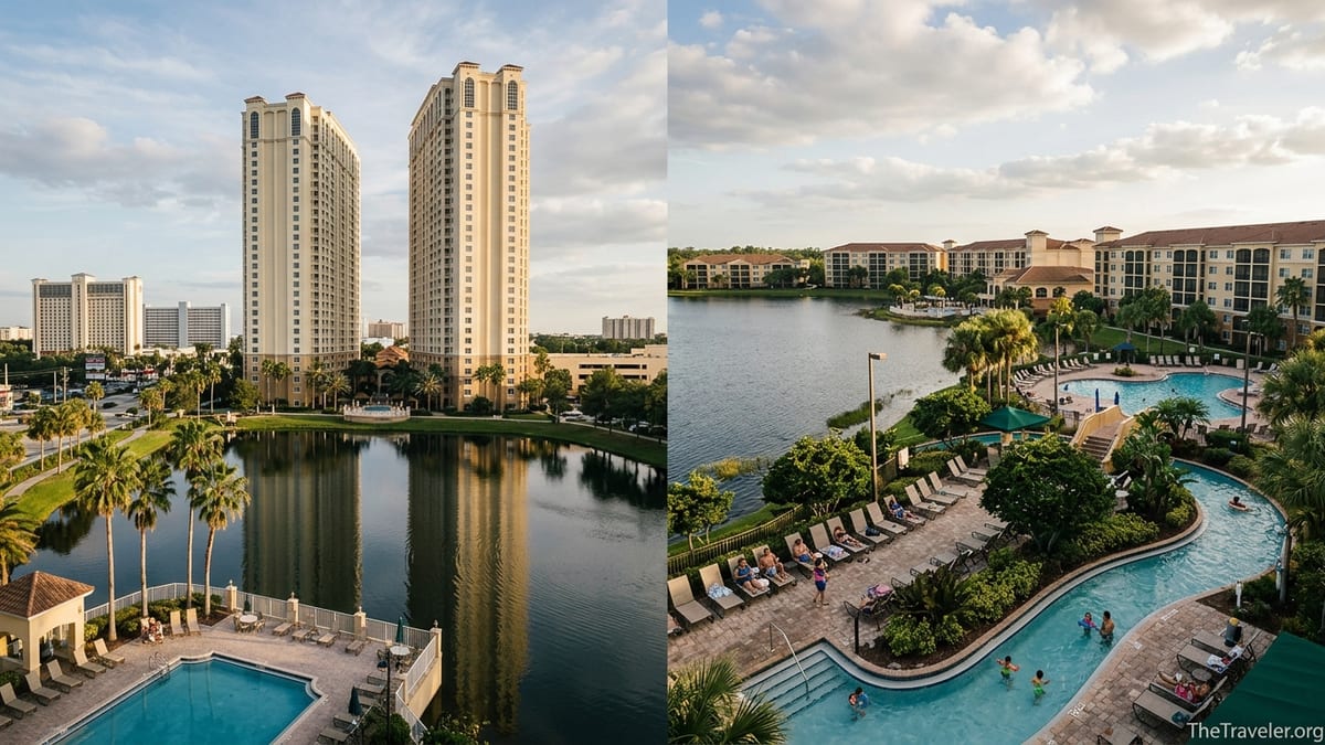 A view of Westgate Palace towers and the sprawling Westgate Lakes resort around their lakes and pools in Orlando.