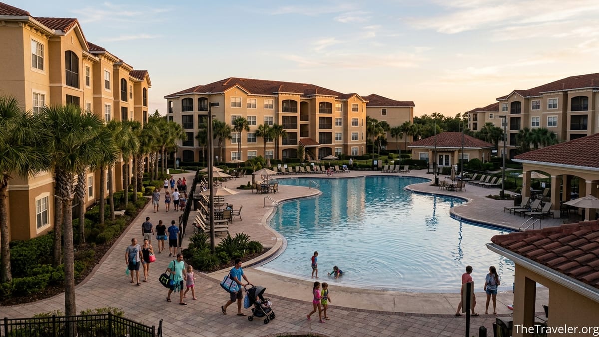 Families walking around the pool at a large Westgate-style resort in Orlando at sunset.