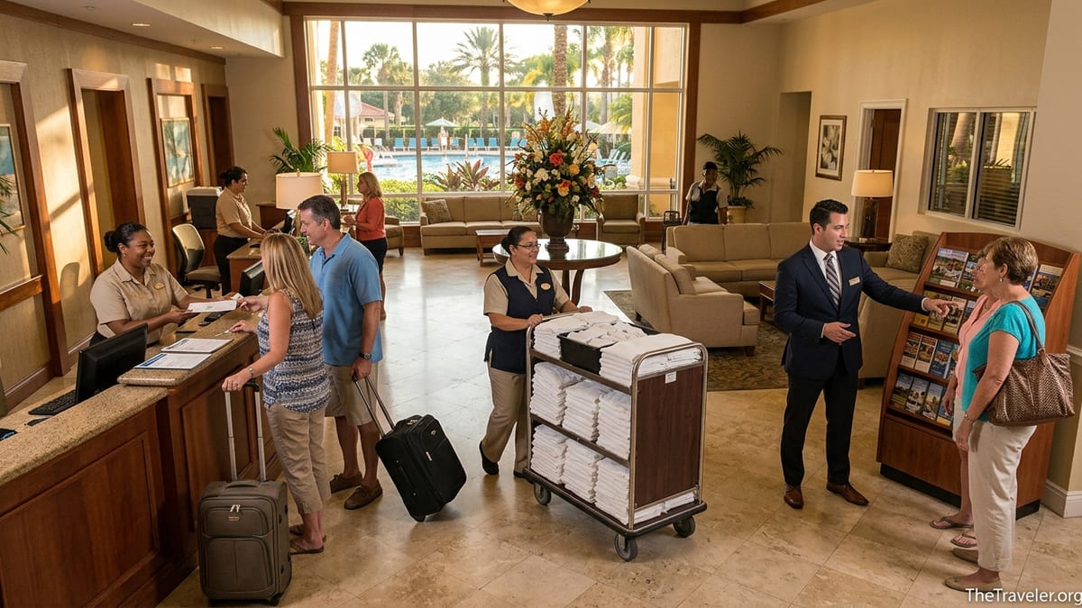 Westgate resort lobby staff assisting arriving guests at front desk during busy afternoon.