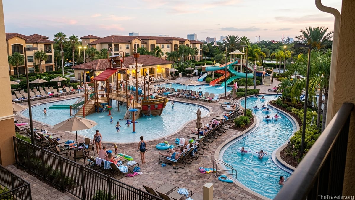 View over Westgate Lakes Resort in Orlando at sunset with pools, water slides, and lake reflections.