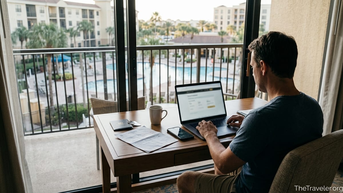 Westgate Resorts owner using a laptop in a resort room to manage their account online.