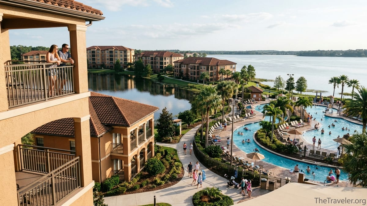 Aerial view of Westgate-style lakeside villas with pools and families enjoying the resort.