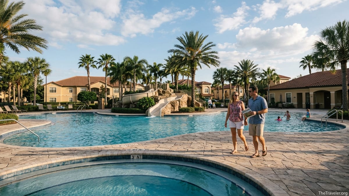 Family walking by pool at a Westgate-style Orlando resort on a sunny afternoon