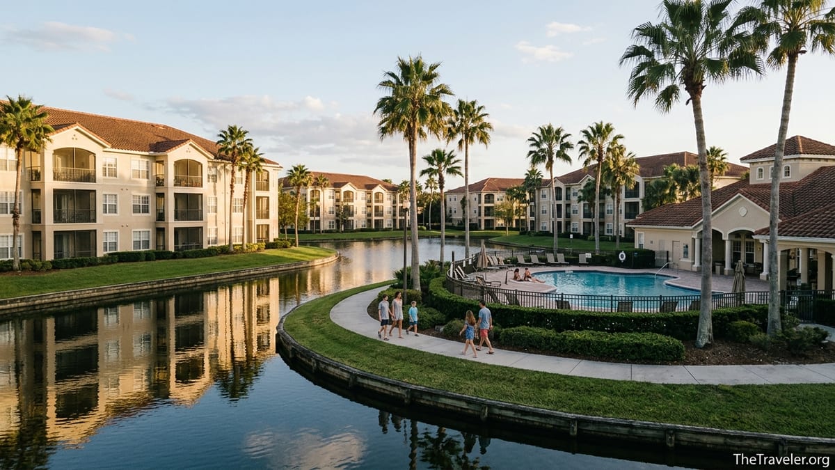 Families and couples walking by a lakeside pool at a large villa-style Orlando resort.