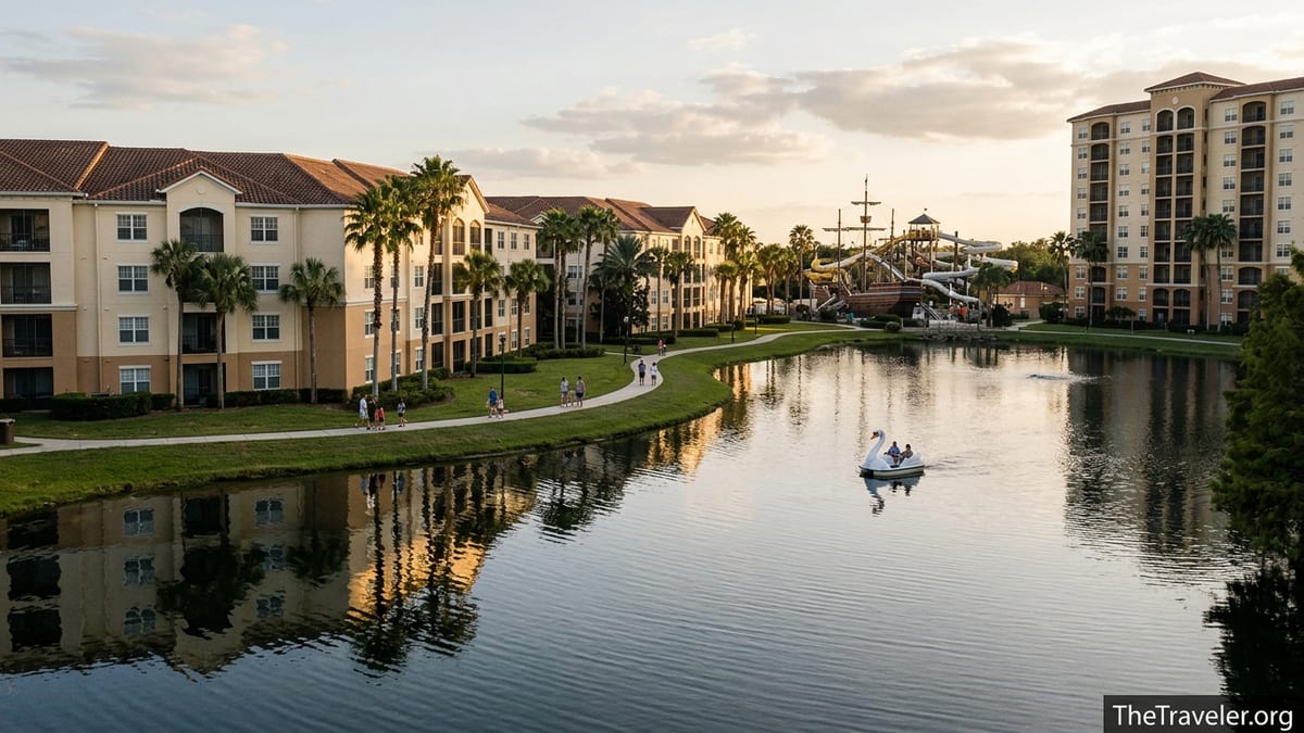 Lakeside view of Westgate Vacation Villas and Westgate Towers near Disney at sunset with water park and swan boats.