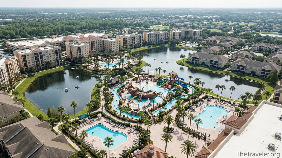 Aerial view of Westgate Town Center and Westgate Vacation Villas with pools and water park in Orlando.