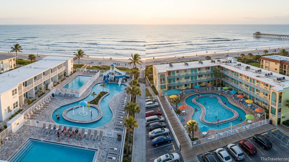 Aerial view of two Cocoa Beach hotels with lazy rivers near the ocean at sunrise.