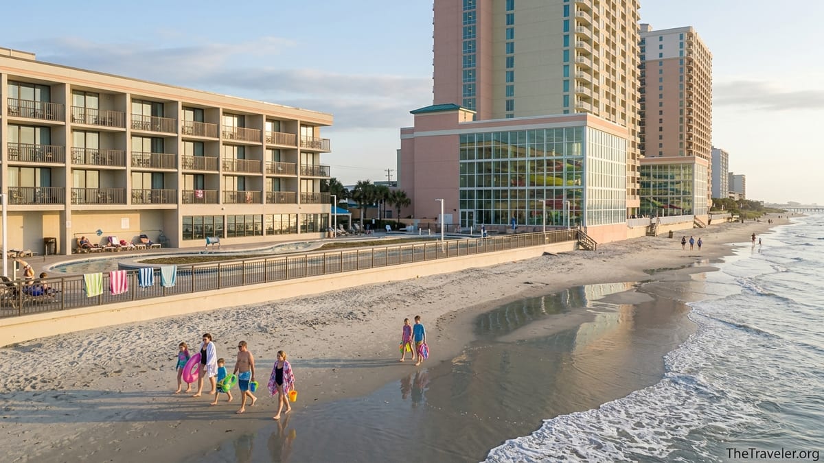 Families on the beach between two oceanfront Myrtle Beach resorts at sunrise.