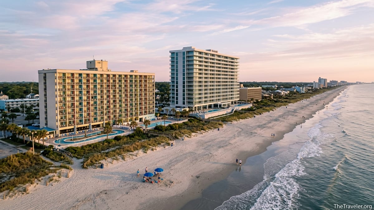 Oceanfront resorts and pools overlooking the beach at sunrise in Myrtle Beach