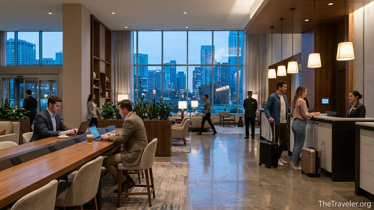 Business and leisure travelers in a modern Westin hotel lobby at dusk