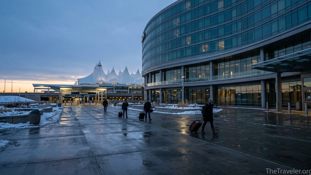 Travelers walking across the plaza between the Westin Denver Airport hotel and Jeppesen Terminal at dawn.