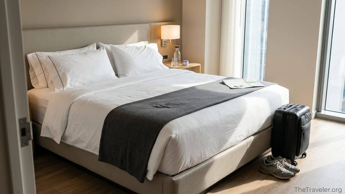 Westin-style hotel room with a king bed, suitcase, and running shoes by a sunlit window.
