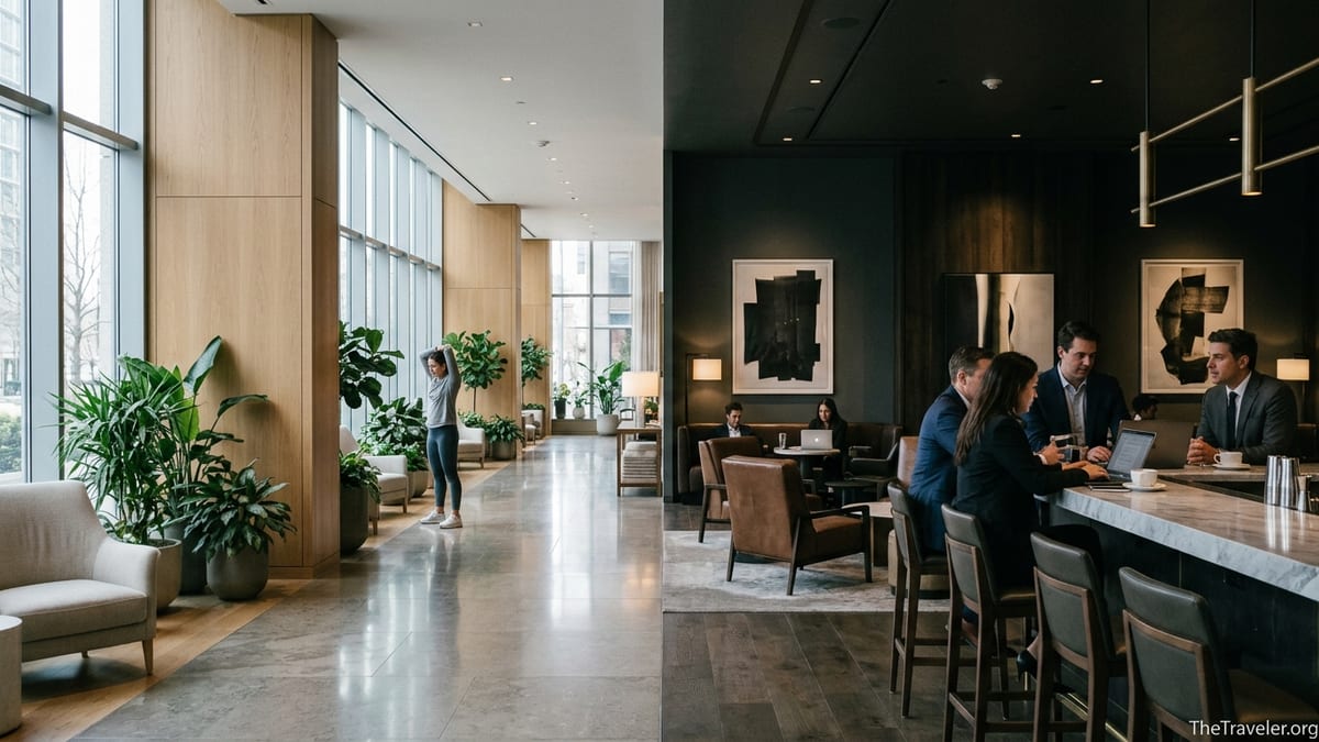 Hotel lobby contrasting a calm wellness area with a busier business lounge, suggesting Westin and Hyatt styles.
