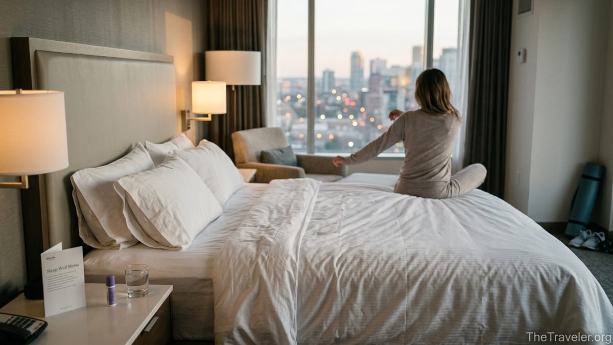 Westin-style hotel room with a plush white bed, lavender balm on the nightstand, and a traveler stretching at dusk.