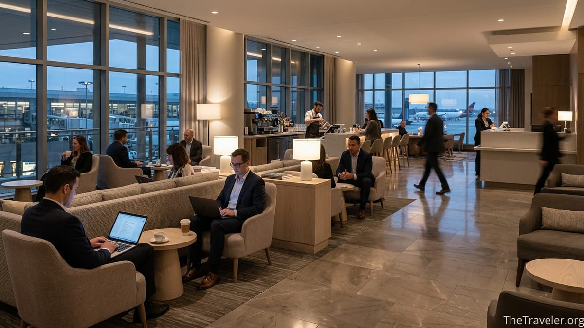 Business travelers relaxing and working in a bright Westin hotel lobby with runway views.