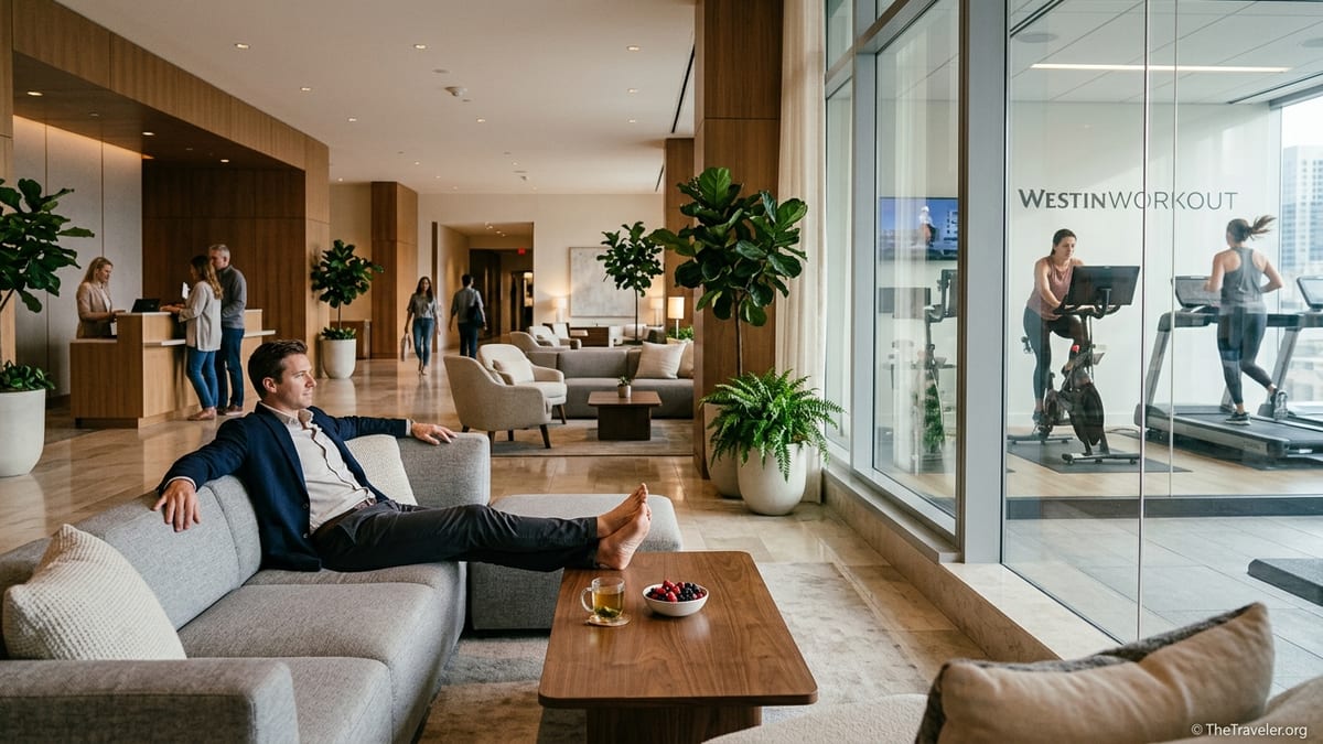 Traveler relaxing in a Westin lobby with tea, natural light and wellness-focused design elements.