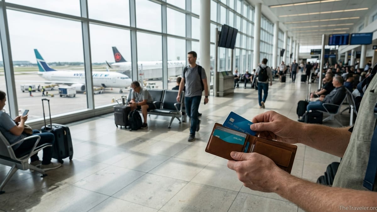 Traveler holding airline credit cards in an airport with WestJet and Air Canada planes outside.