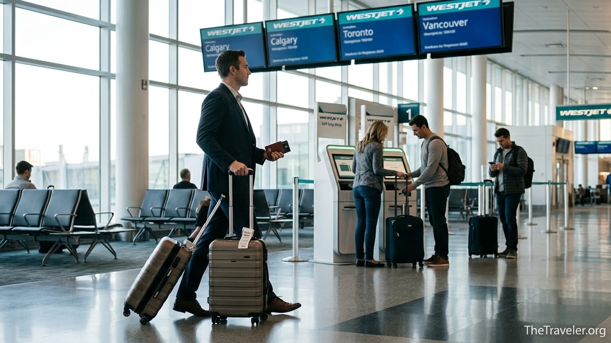 Traveler in a Canadian airport terminal near a WestJet gate pulling luggage and holding a credit card wallet.