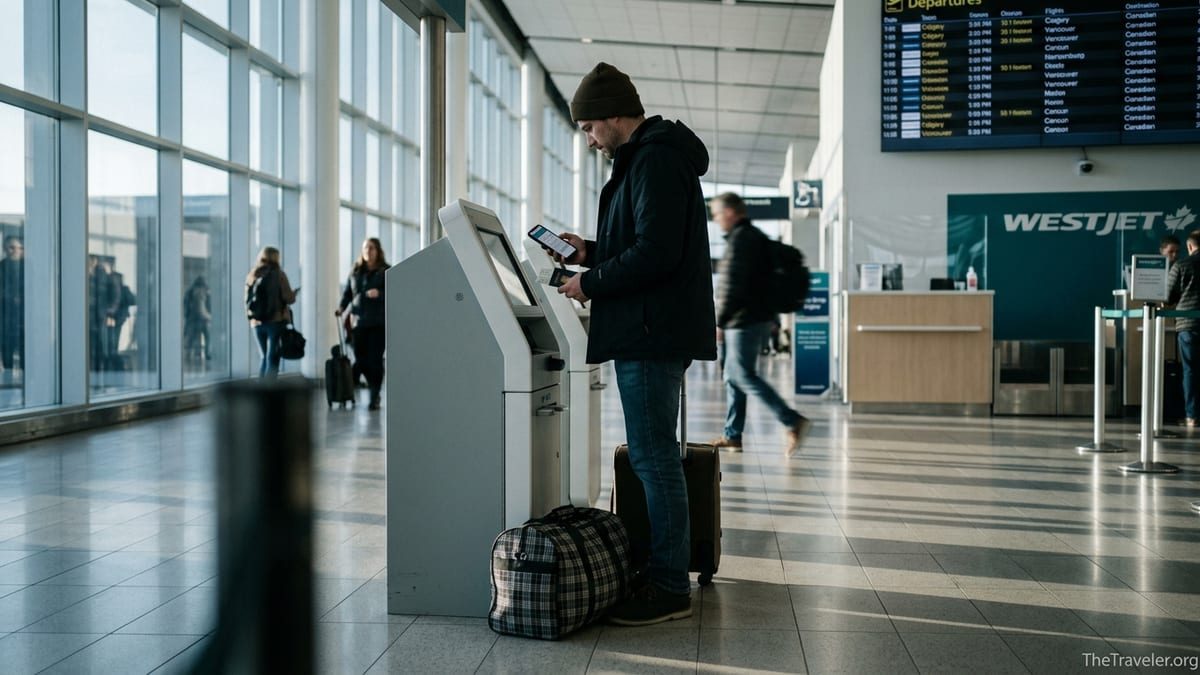 Traveler using a credit card at a WestJet airport check-in kiosk with luggage.