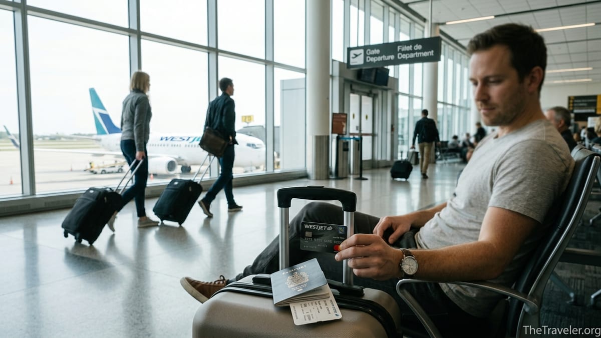 Traveler holding a WestJet RBC World Elite Mastercard in a Canadian airport lounge with a WestJet plane outside.