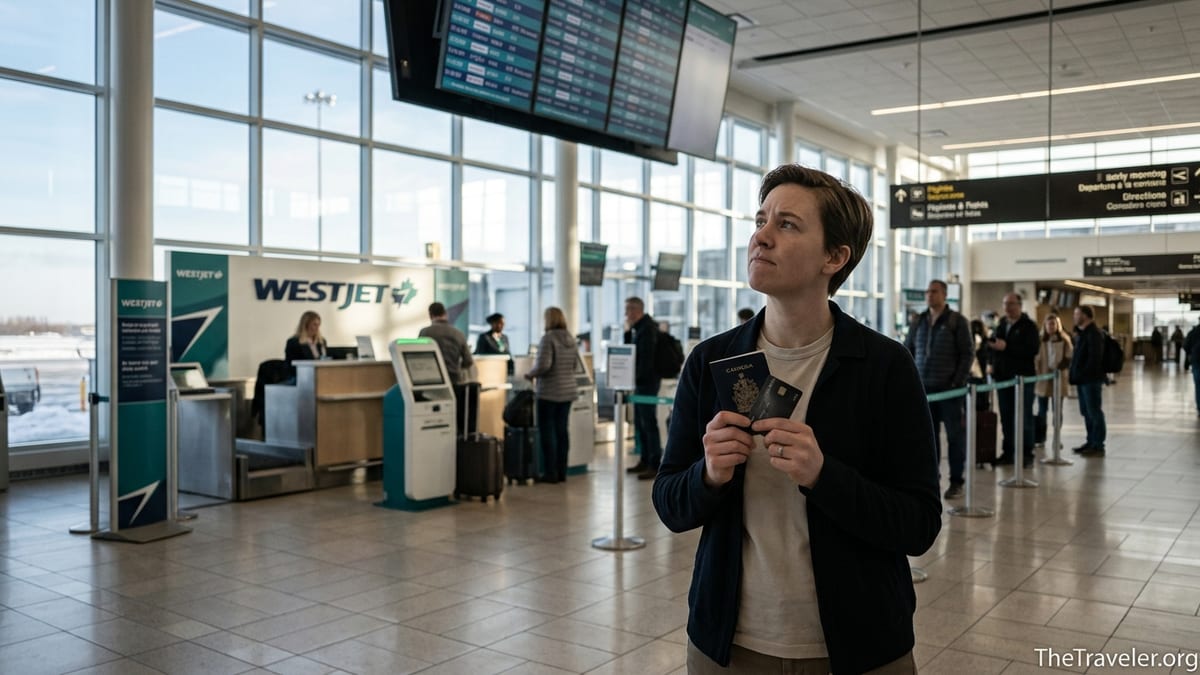Traveler holding a credit card and passport at a WestJet check-in area in a Canadian airport.
