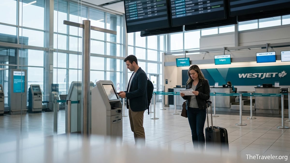 Traveler at Canadian airport check-in kiosk reviewing credit card details with WestJet counters nearby.