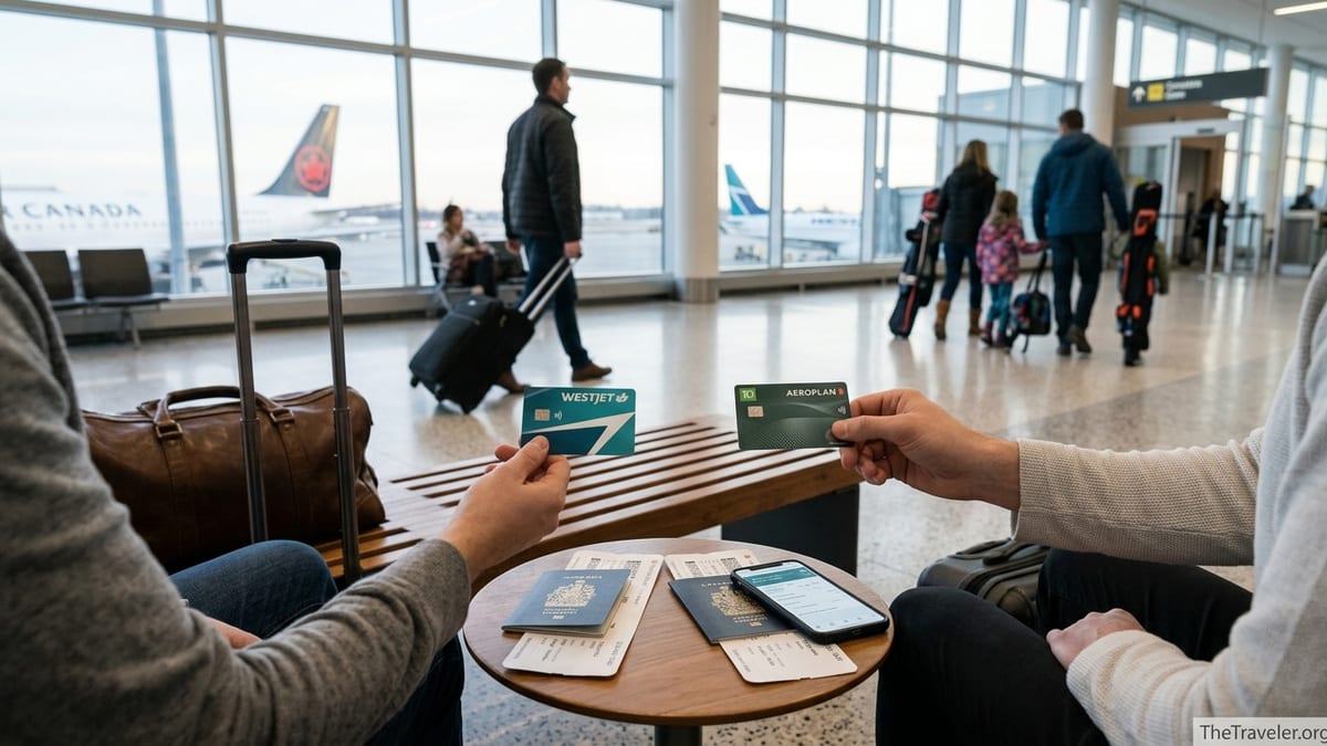 Travelers in a Canadian airport comparing two different airline credit cards before a flight.