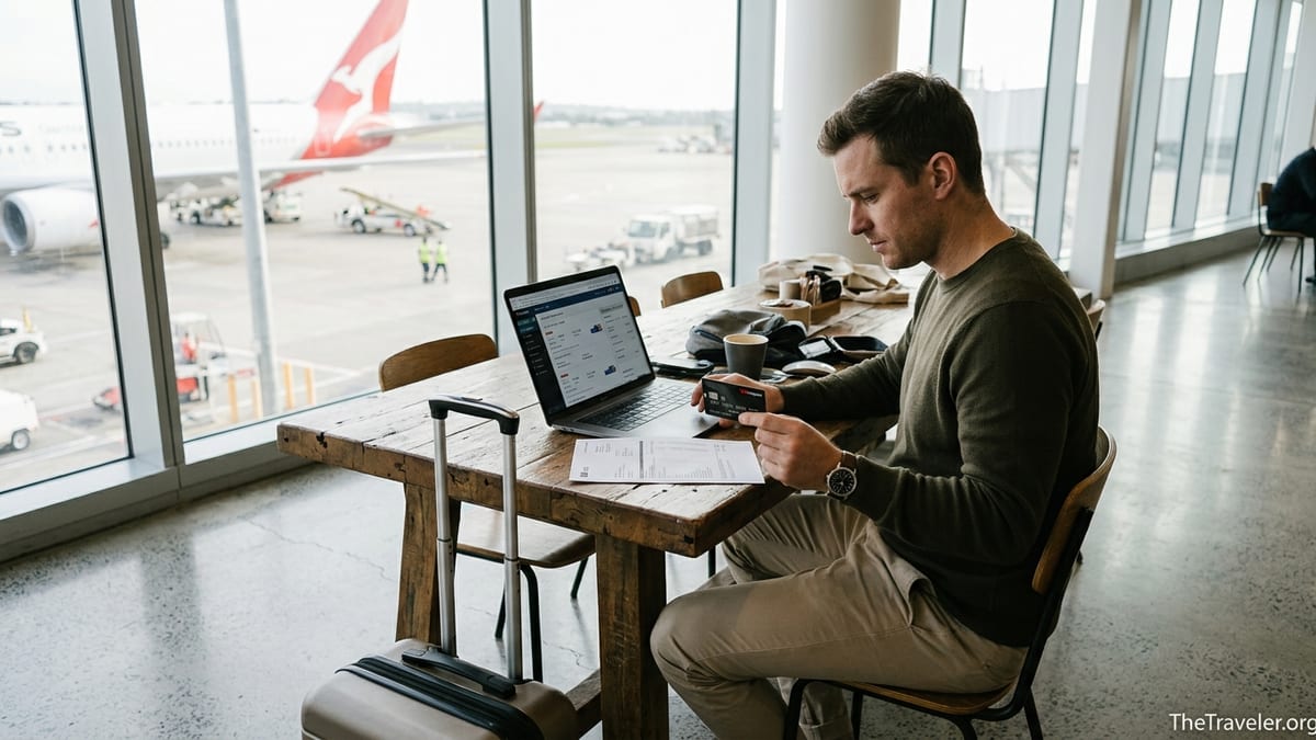 Traveller in Sydney airport cafe examining a black credit card and statement by a window.
