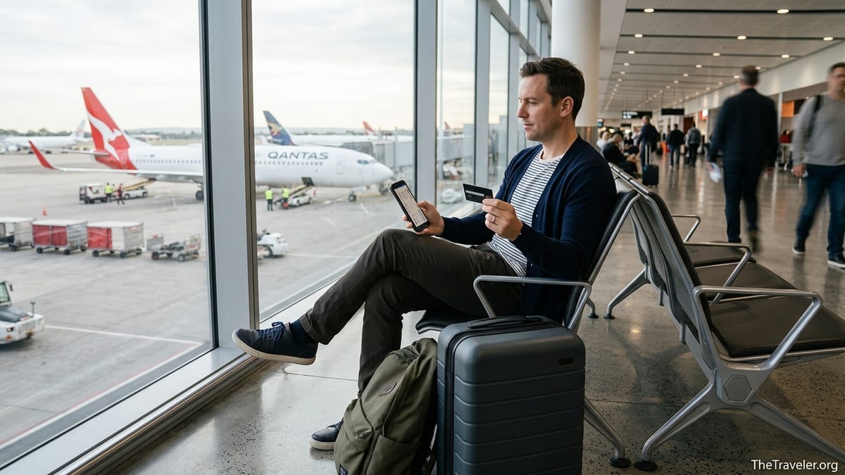 Traveller in Australian airport holding a black credit card and phone with boarding pass near large window and suitcase.