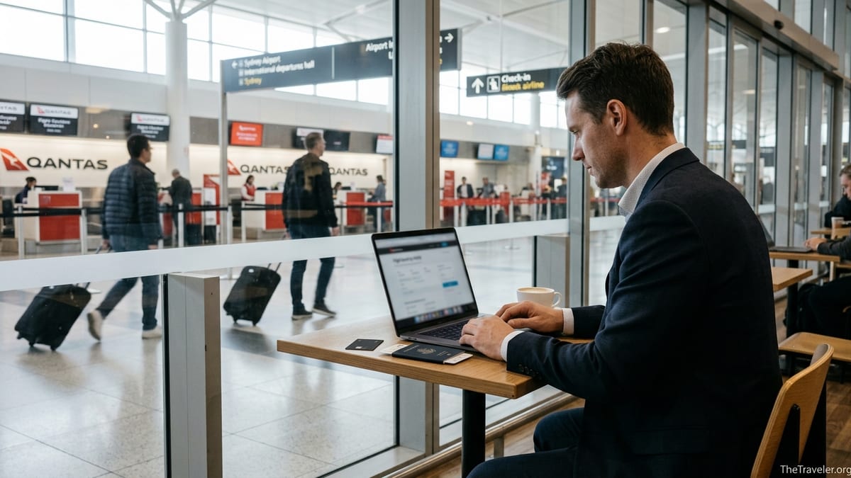 Traveller at Sydney Airport with coffee, passport and credit card near large windows.
