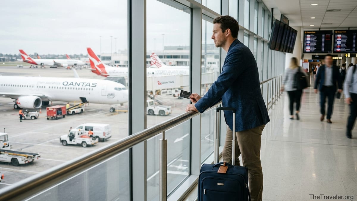 Traveler at Sydney airport holding a Westpac Altitude Black card overlooking aircraft at the gate.
